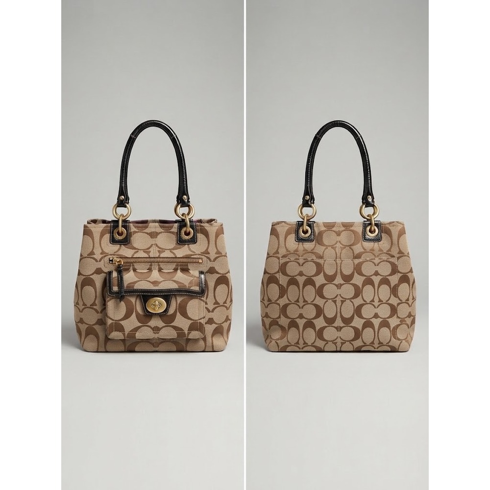 Coach Hamptons Tote Bag Brown Signature C Canvas Leather Y2K F15689